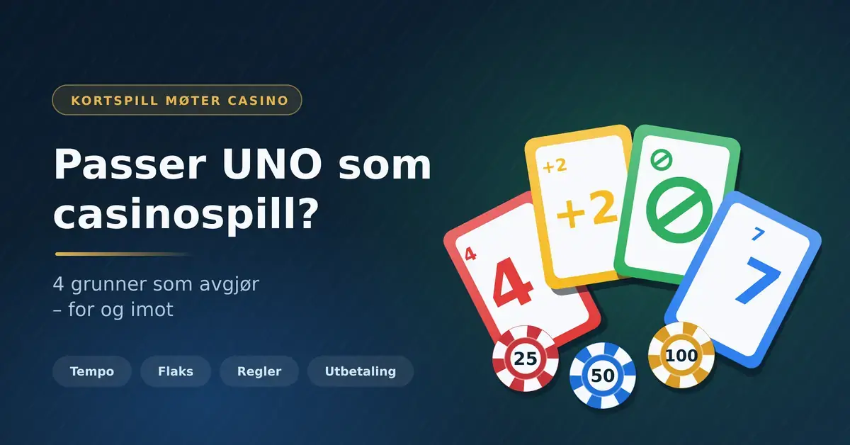 Fargerike UNO-kort i vifte ved siden av casinosjetonger, med teksten «Passer UNO som casinospill? 4 grunner som avgjør – for og imot».