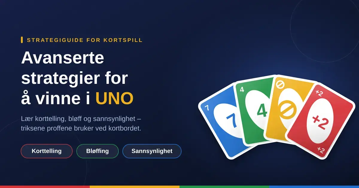 Grafikk med en vifte av fargerike spillkort og teksten «Avanserte strategier for å vinne i UNO».