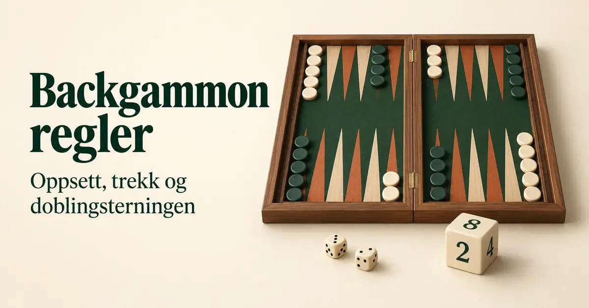 Backgammonbrett med lyse og mørke brikker, to terninger og en doblingsterning ved siden av teksten «Backgammon regler – Oppsett, trekk og doblingsterningen».