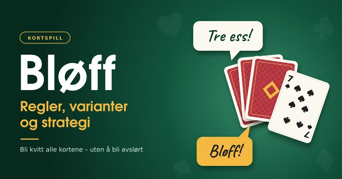 Grafikk av kortspillet bløff på et grønt spillebord der en spiller melder «Tre ess!», men kortet som avsløres er spar syv, og en annen spiller roper «Bløff!».