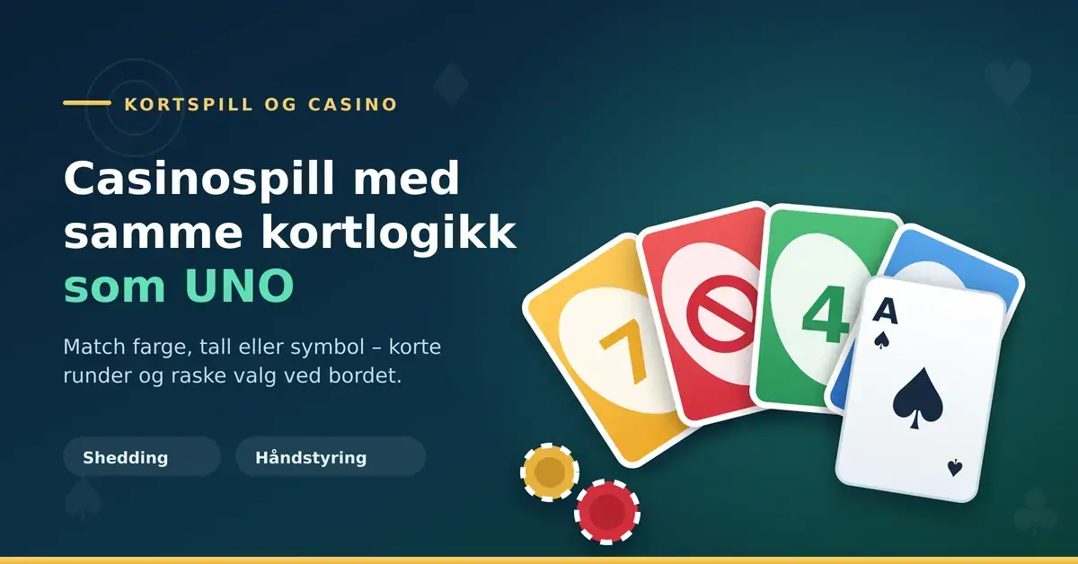 Grafikk med fargerike kortspillkort, et spar-ess og casinosjetonger ved siden av teksten «Casinospill med samme kortlogikk som UNO».