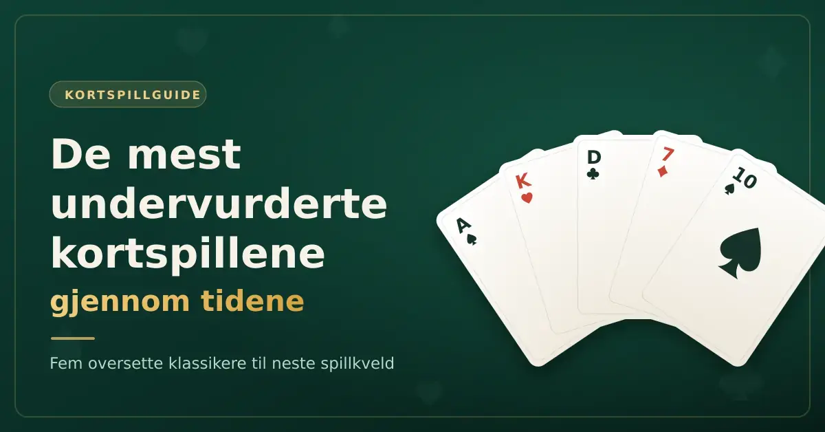 Grafikk med en vifte av spillkort på grønn bakgrunn og teksten «De mest undervurderte kortspillene gjennom tidene».