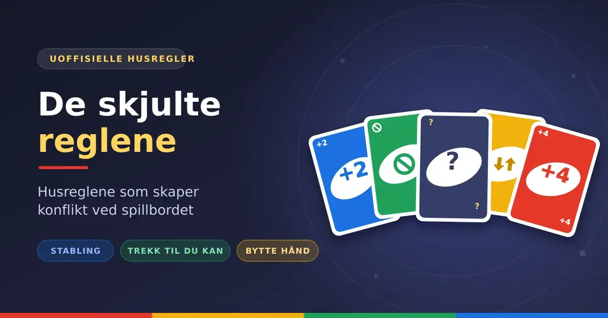 Illustrasjon med fargerike spillkort i vifte, der et mørkt kort med spørsmålstegn står i midten, ved siden av teksten «De skjulte reglene – husreglene som skaper konflikt ved spillbordet».