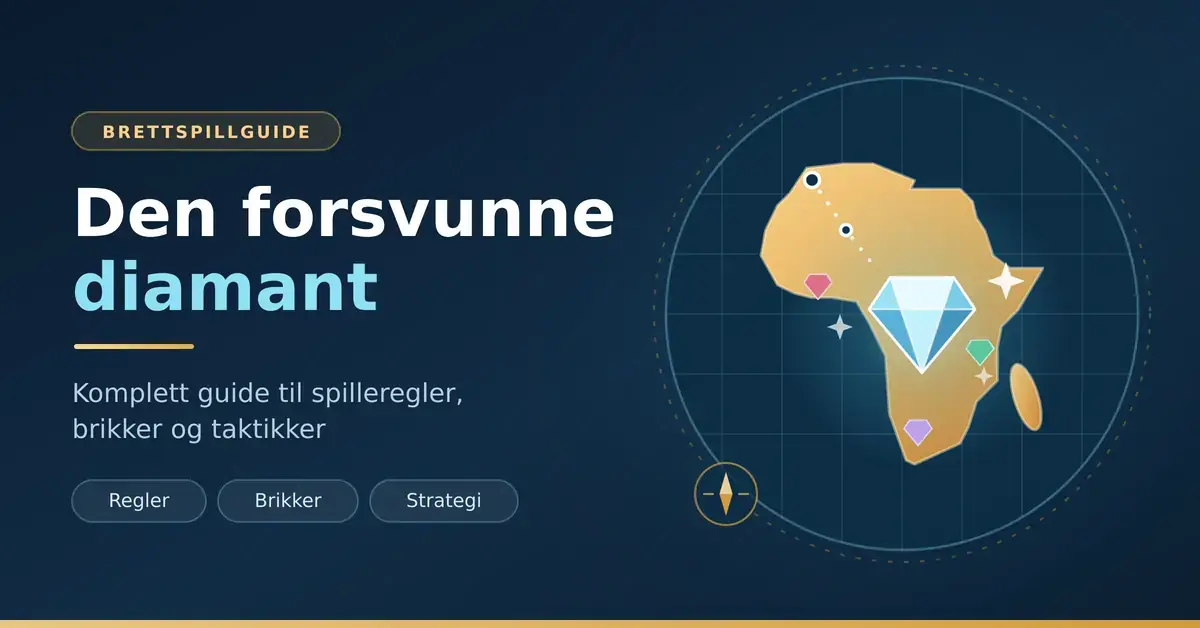 Illustrasjon av brettspillet Den forsvunne diamant med et kart over Afrika, en stor diamant i midten, fargede edelstener og en stiplet ekspedisjonsrute.