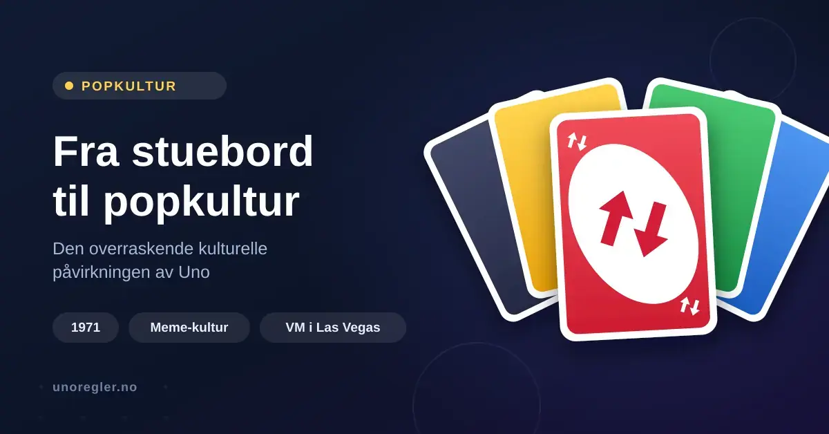 Grafikk med en vifte av fargerike spillkort der et rødt reverse-kort ligger øverst, ved siden av teksten «Fra stuebord til popkultur – den overraskende kulturelle påvirkningen av Uno».
