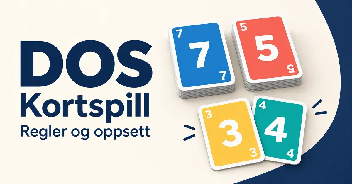 Illustrasjon av fargerike tallkort i to bunker og kortene 3 og 4 ved siden av teksten «DOS Kortspill – Regler og oppsett».