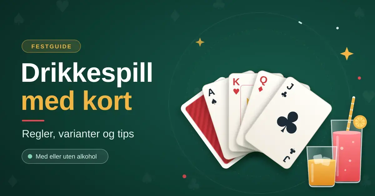 Illustrasjon av en vifte med spillkort – ess, konge, dame og knekt – ved siden av to fargerike glass med drikke på et grønt spillebord, med teksten «Drikkespill med kort: regler, varianter og tips».