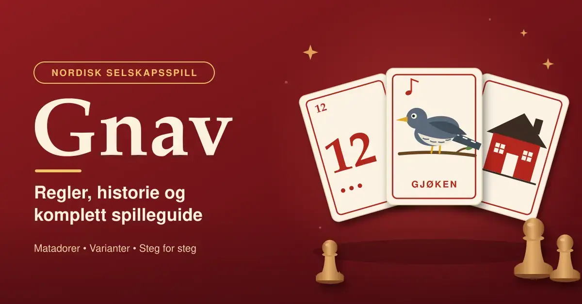 Illustrasjon med teksten «Gnav – Regler, historie og komplett spilleguide» på rød bakgrunn, tre spillkort med tallet 12, gjøken og et rødt hus, samt brikker i tre.