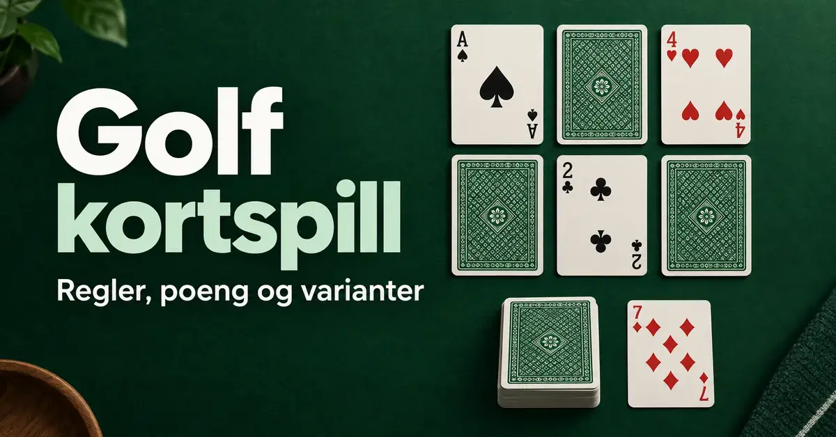 Seks spillkort i to rader på et grønt bord med trekkbunke og kastekort, ved siden av teksten «Golf kortspill – Regler, poeng og varianter».
