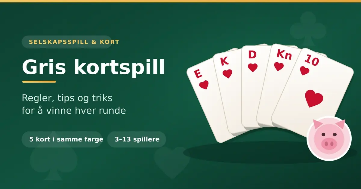 Grafikk med fem hjerterkort i vifte og en tegnet gris, med teksten «Gris kortspill – regler, tips og triks for å vinne hver runde».