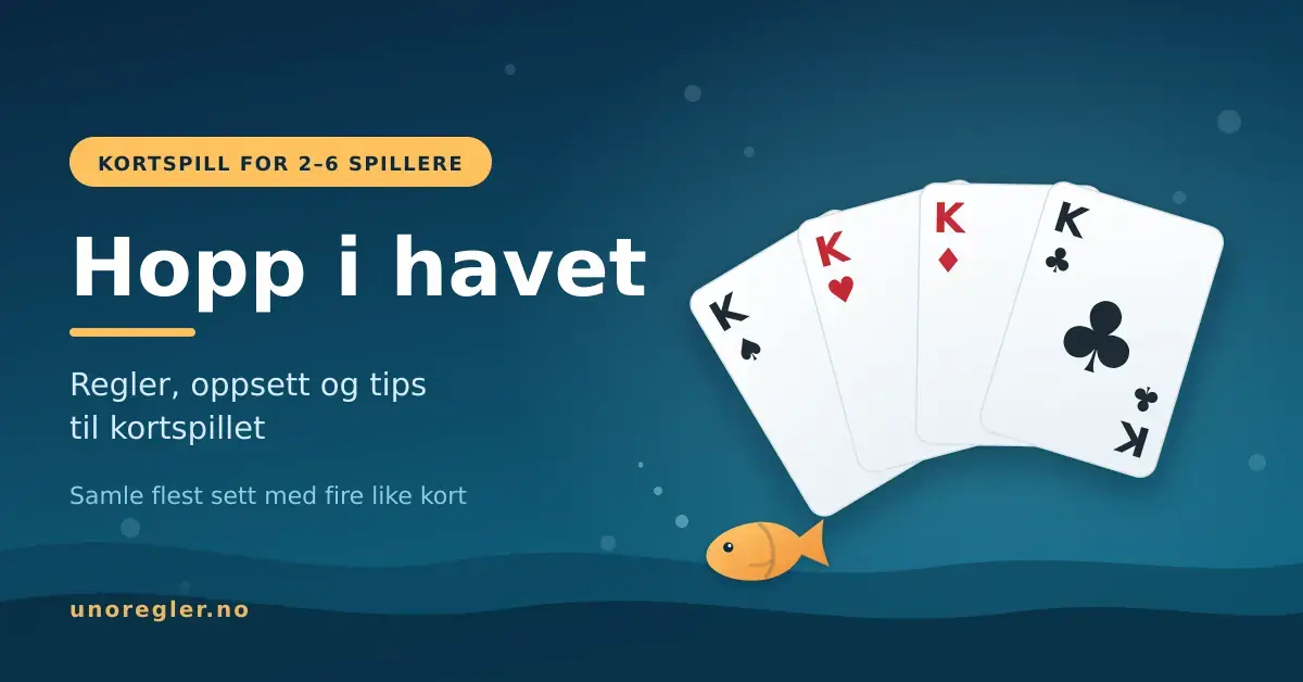 Illustrasjon til kortspillet Hopp i havet: fire kongekort i vifte og en gul fisk mot en mørkeblå havbakgrunn.