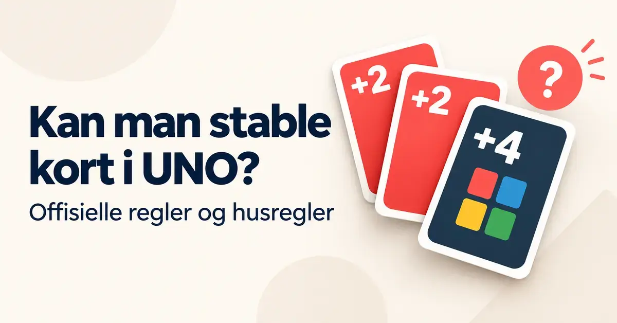 To røde +2-kort og et mørkeblått +4-kort ligger overlappende ved siden av teksten «Kan man stable kort i UNO?» og et spørsmålstegn.