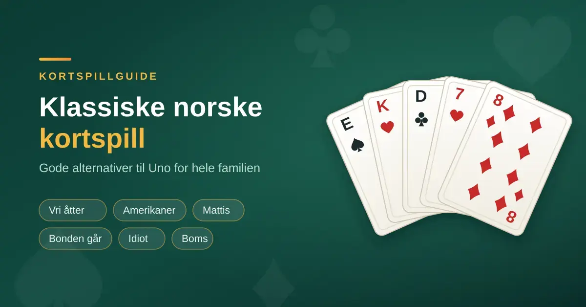 En vifte med spillkort mot grønn bakgrunn og teksten «Klassiske norske kortspill – gode alternativer til Uno for hele familien».