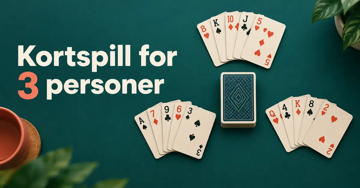 Tre vifter med spillkort og en kortstokk på et mørkegrønt bord ved siden av teksten «Kortspill for 3 personer».