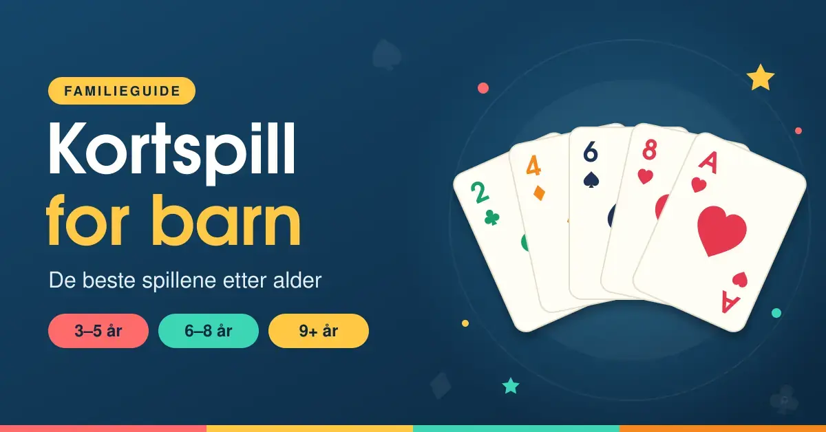 Illustrasjon med en vifte av fargerike spillkort ved siden av teksten «Kortspill for barn – De beste spillene etter alder» og aldersmerker for 3–5 år, 6–8 år og 9+ år.