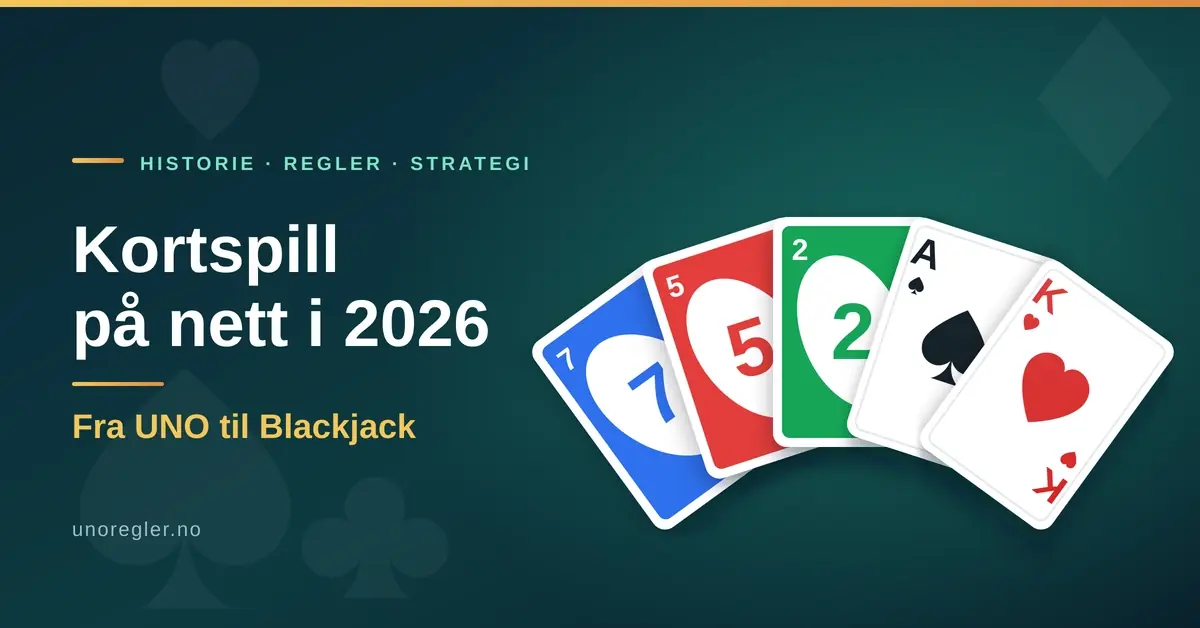 Grafikk med tittelen «Kortspill på nett i 2026 – Fra UNO til Blackjack», der en vifte av fargerike tallkort går over i spar ess og hjerter konge på mørk grønn bakgrunn.