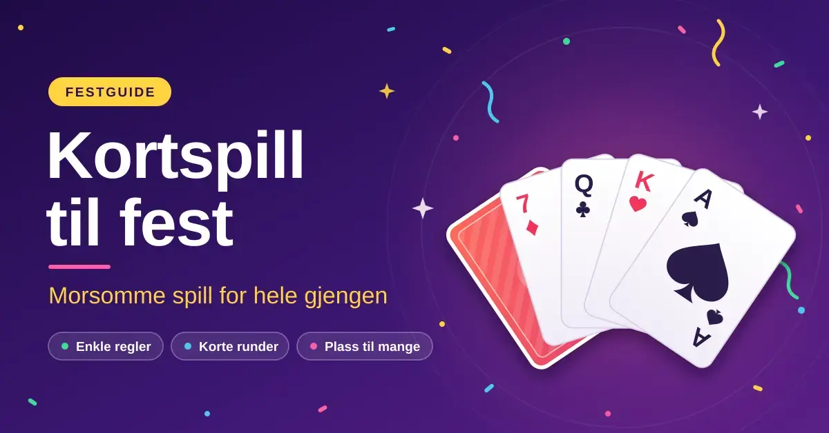 Illustrasjon av en vifte med spillkort og fargerik konfetti på lilla bakgrunn, med teksten «Kortspill til fest – morsomme spill for hele gjengen».