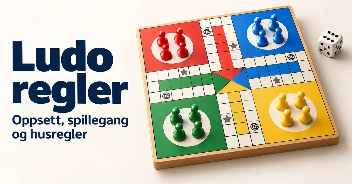 Ludobrett med røde, blå, grønne og gule brikker, en terning og teksten «Ludo regler – Oppsett, spillegang og husregler».