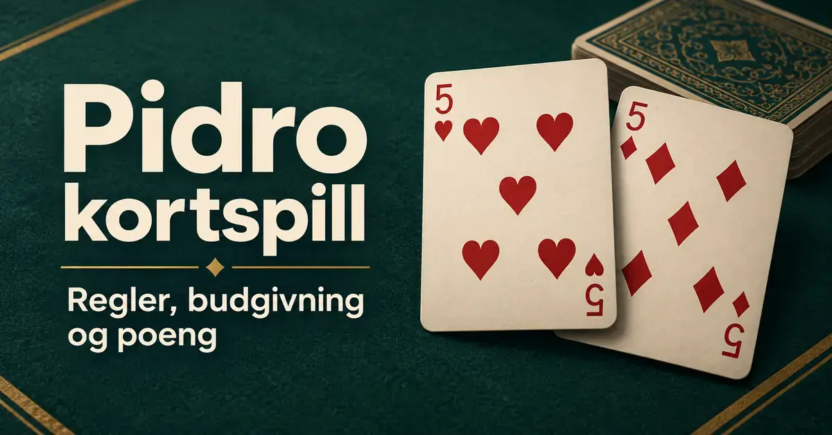 Hjerter fem og ruter fem på et mørkegrønt kortbord ved siden av teksten «Pidro kortspill – Regler, budgivning og poeng».