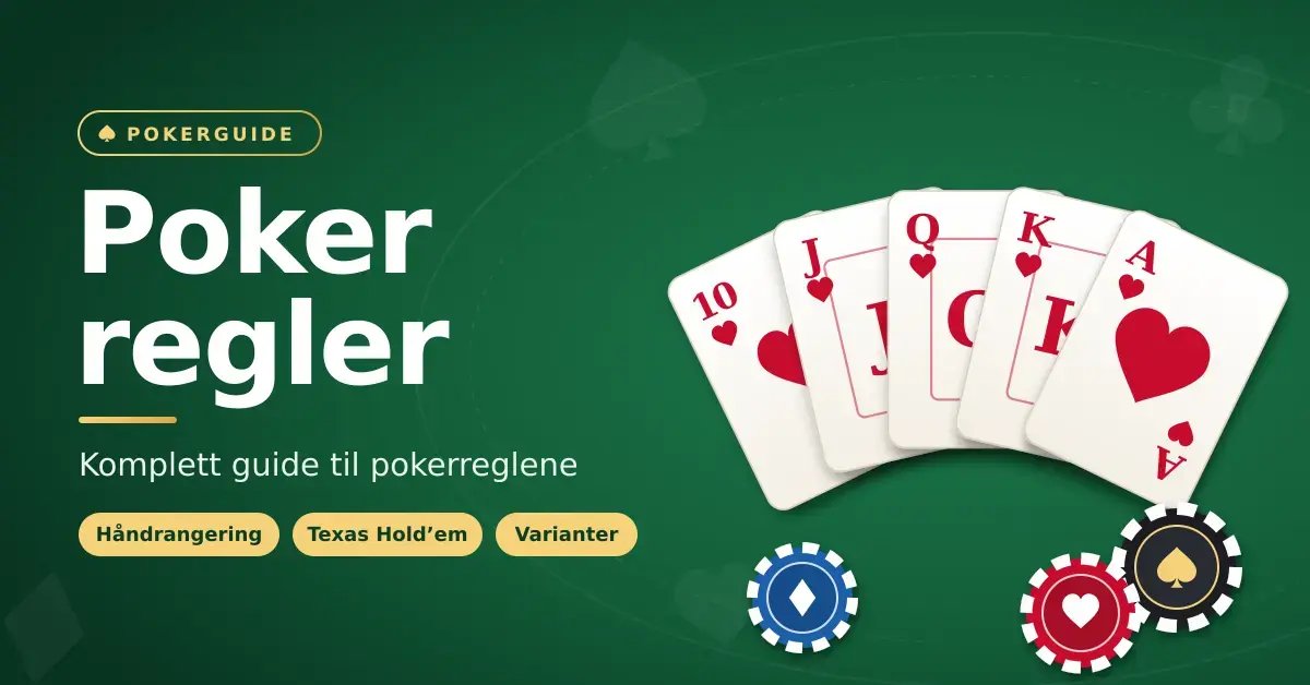 Grafikk med teksten «Poker regler – komplett guide til pokerreglene» på et grønt pokerbord, med en vifte av spillkort som viser en royal flush i hjerter og pokersjetonger.