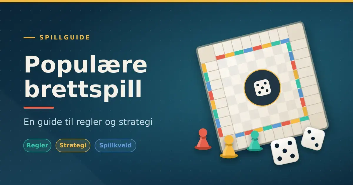 Illustrasjon av et fargerikt brettspillbrett med terninger og spillebrikker, ved siden av teksten «Populære brettspill – en guide til regler og strategi».