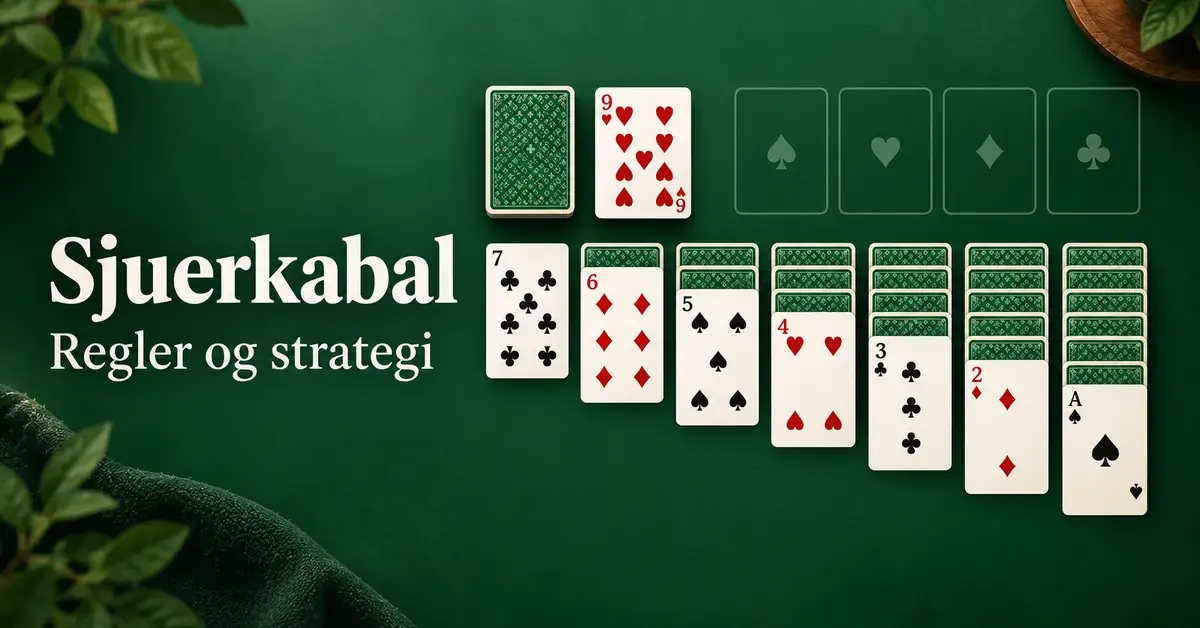 Sjuerkabal med sju kortkolonner, trekkbunke og fire grunnbunker på grønn bakgrunn, med teksten «Sjuerkabal – Regler og strategi».