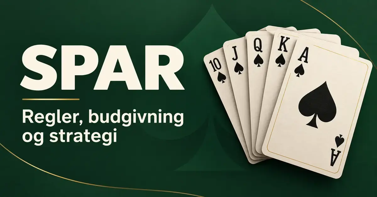 En vifte med sparkort og spar ess fremst på mørkegrønn bakgrunn, med teksten «Spar – Regler, budgivning og strategi».
