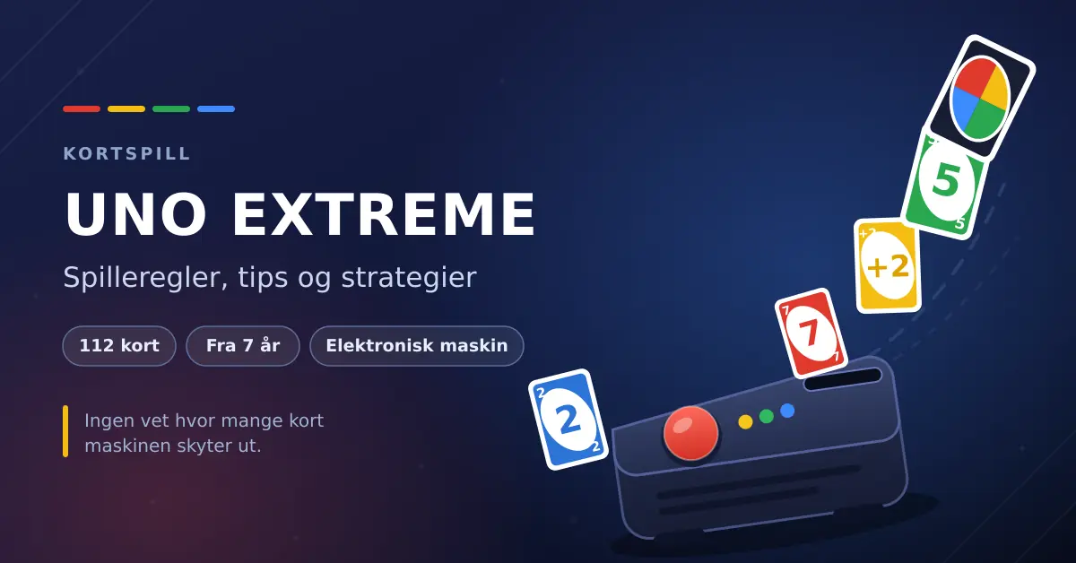 Grafikk til artikkel om UNO Extreme: en elektronisk kortlanserer som skyter ut fargerike spillkort, med teksten «UNO EXTREME – Spilleregler, tips og strategier».