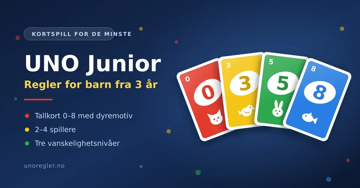 Grafikk med fire fargerike UNO Junior-kort i vifte med tallene 0, 3, 5 og 8 og dyremotiver, ved siden av teksten «UNO Junior – regler for barn fra 3 år».