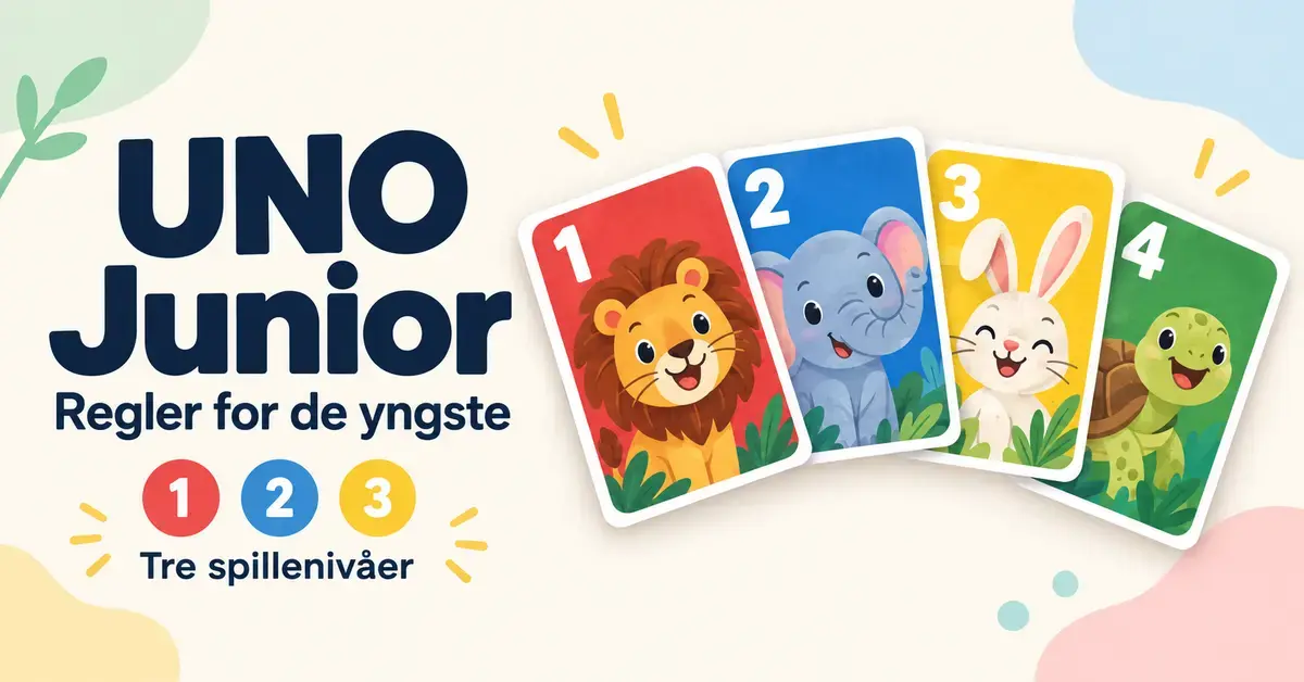Illustrasjon av fargerike kort med tall og dyremotiver, teksten «UNO Junior – Regler for de yngste» og symboler for tre spillenivåer.