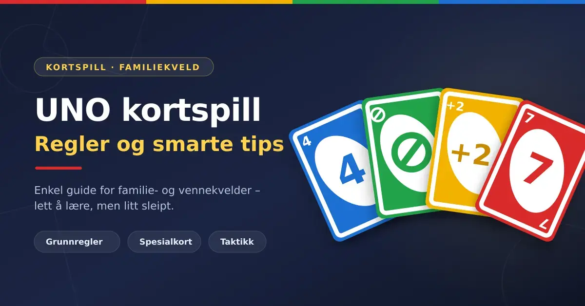 Grafikk med teksten «UNO kortspill – regler og smarte tips» ved siden av en vifte med fargerike UNO-lignende spillkort i blått, grønt, gult og rødt.