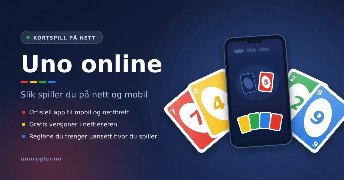 Grafikk med teksten «Uno online – slik spiller du på nett og mobil», der en mobiltelefon viser et digitalt kortspill foran en vifte av røde, gule, grønne og blå spillkort.