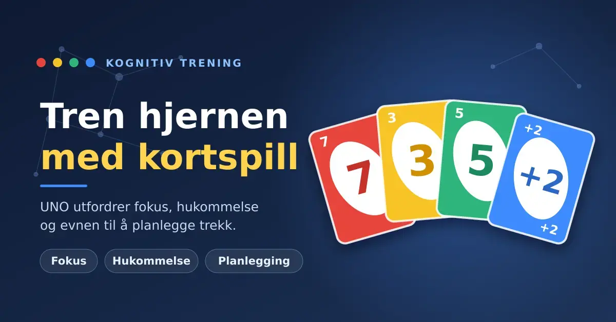 Fargerike UNO-kort lagt ut i vifte ved siden av teksten «Tren hjernen med kortspill», som illustrerer hvordan kortspillet trener fokus, hukommelse og planlegging.