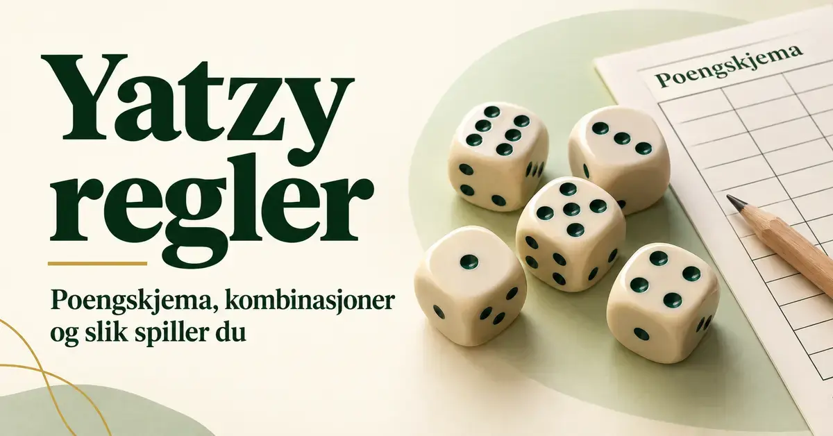 Fem terninger ved siden av et poengskjema og en blyant, med teksten «Yatzy regler – Poengskjema, kombinasjoner og slik spiller du».